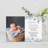 青と白の水色のフローラ少年の写真バプテスマ 招待状 (スタンド正面)
