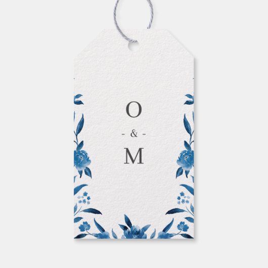 青と白の水色のフローラ感謝していは結婚、 ギフトタグ (裏面)