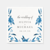 青と白の水色のフローラ感謝していは結婚、 スタンダードカクテルナプキン (正面)