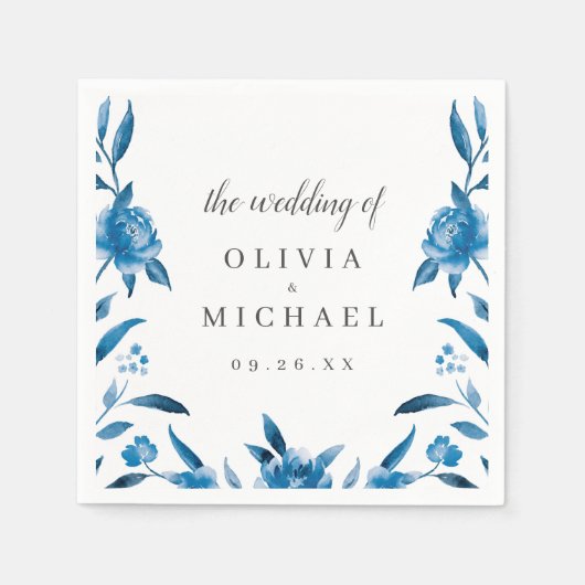 青と白の水色のフローラ感謝していは結婚、 スタンダードカクテルナプキン (正面)