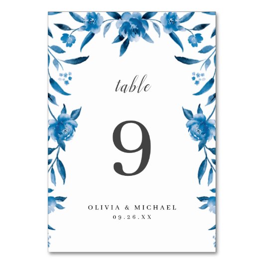 青と白の水色のフローラ結婚のテーブルカード テーブルナンバー (正面)