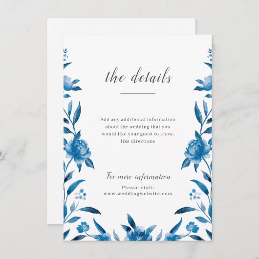 青と白の水色のフローラ結婚の詳細 エンクロージャーカード (正面/裏面)