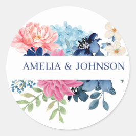 青と白の水色のフローラ結婚の ラウンドシール