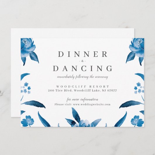 青と白の水色のフローラ結婚式 エンクロージャーカード (正面/裏面)