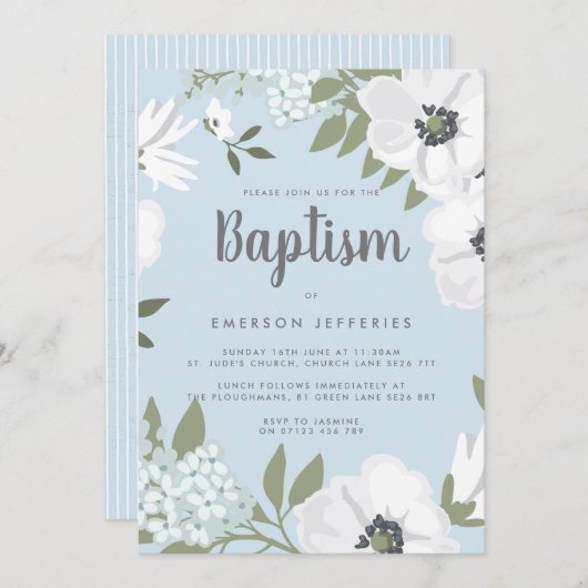 青と白の水色アネモネバプテスマ 招待状 (正面/裏面)