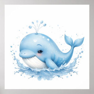 青と白の水色クジラ – 海子供部屋壁 ポスター
