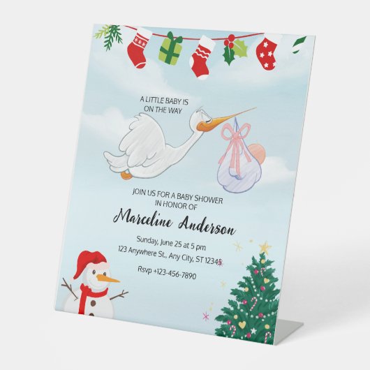青と白の水色クリスマスベビーシャワー 台座サイン (正面)