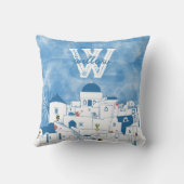 青と白の水色サントリーニギリシャモノグラム クッション (裏面)