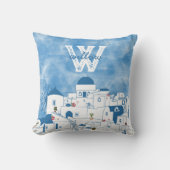青と白の水色サントリーニギリシャモノグラム クッション (正面)
