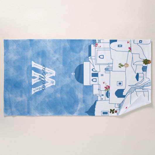 青と白の水色サントリーニギリシャモノグラム ビーチタオル (正面)