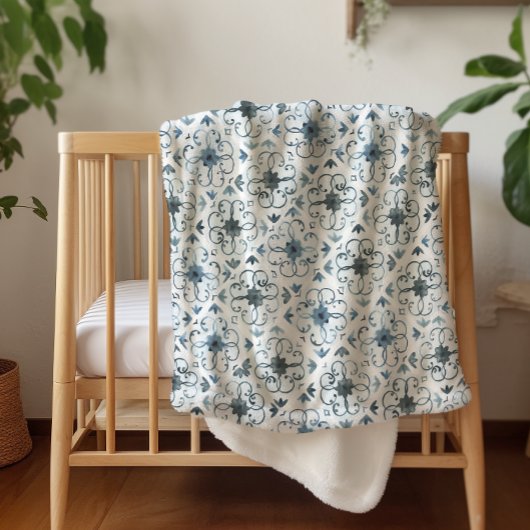 青と白の水色モロッコタイルパターン シェルパブランケット