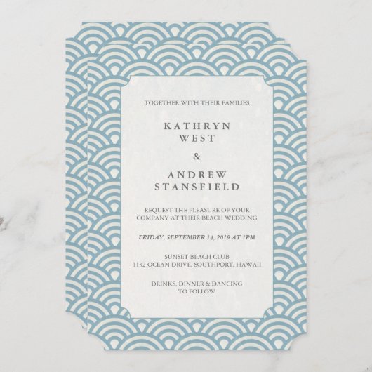 青と白の波のパターン結婚式招待状 招待状 (正面/裏面)