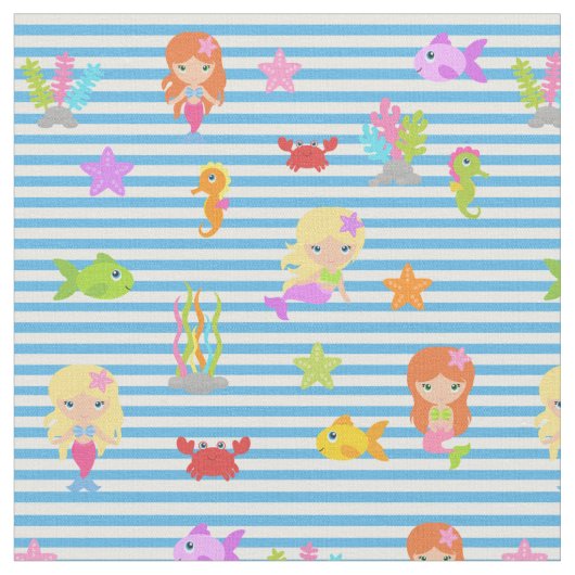 青と白の海の下の人魚ストライプの ファブリック (クローズアップ)