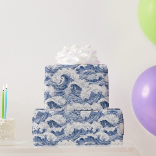 青と白の海の波のお誕生日 ラッピングペーパー (パーティーギフト)