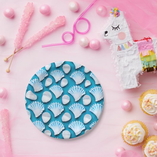 青と白の海貝の模様 ペーパープレート (パーティー)