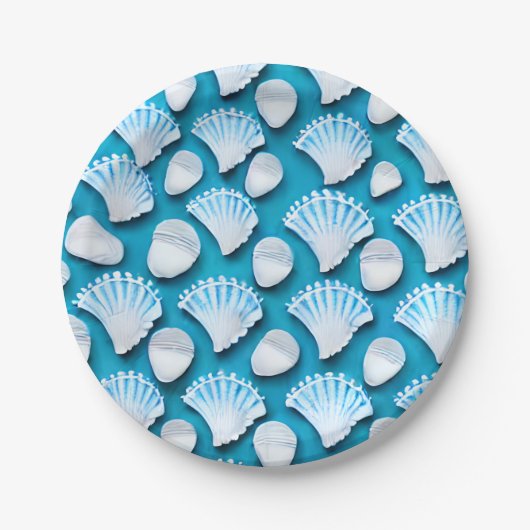 青と白の海貝の模様 ペーパープレート (正面)