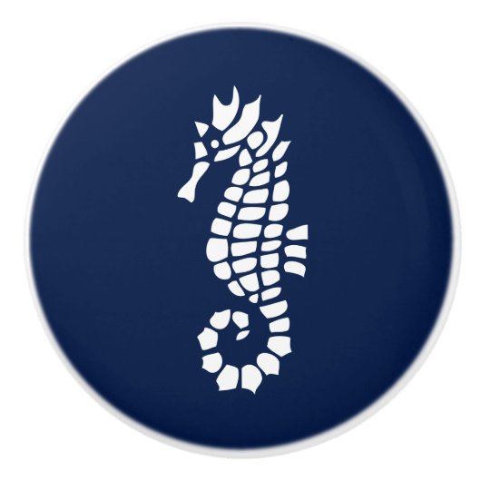 青と白の海馬の海獣沿岸 セラミックノブ (正面)