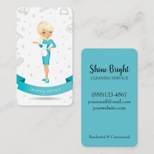 青と白の漫画メイドハウスクリーニングサービス 名刺 (正面/裏面)