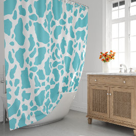 青と白の牛の斑点アニマルプリントパターン シャワーカーテン