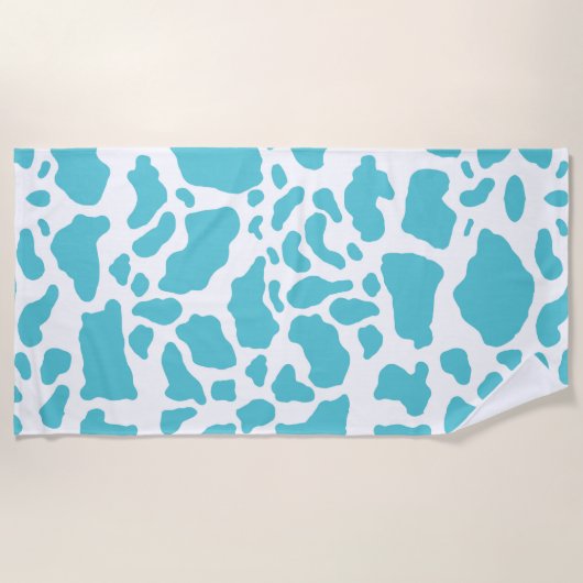 青と白の牛の斑点アニマルプリントパターン ビーチタオル (正面)