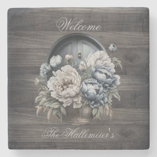 青と白の牡丹とバーンウッドのウェルカムドア ストーンコースター (正面)