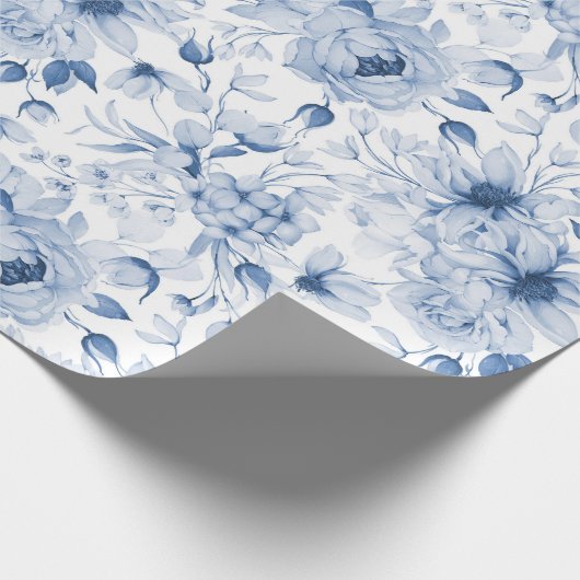 青と白の牡丹と花水色 ラッピングペーパー (角)
