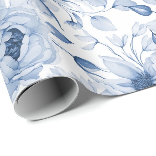 青と白の牡丹と花水色 ラッピングペーパー (ロールコーナー)