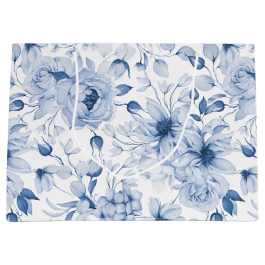 青と白の牡丹と花水色 ラージペーパーバッグ (正面)