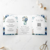 青と白の牡丹のメイソンジャーQRコー結婚ド 三つ折り招待状 (内部)