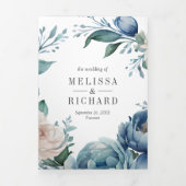 青と白の牡丹のメイソンジャーQRコー結婚ド 三つ折り招待状 (カバー)