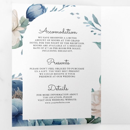 青と白の牡丹のメイソンジャーQRコー結婚ド 三つ折り招待状 (内部最初)