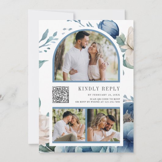 青と白の牡丹のメイソンジャーQRコー結婚ド 招待状 (裏面)