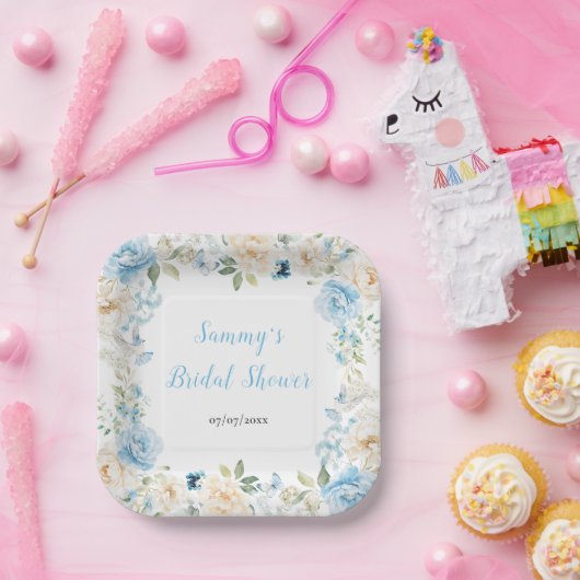 青と白の牡丹の花ブライダルシャワー ペーパープレート (パーティー)