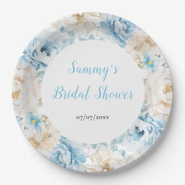青と白の牡丹の花ブライダルシャワー ペーパープレート