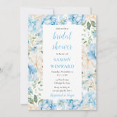青と白の牡丹の花ブライダルシャワー 招待状 (正面)