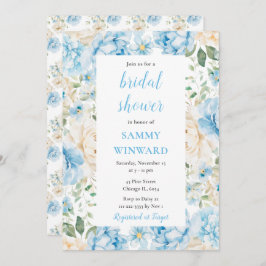 青と白の牡丹の花ブライダルシャワー 招待状