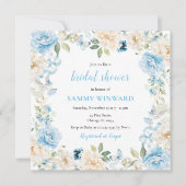 青と白の牡丹の花ブライダルシャワー 招待状 (正面)
