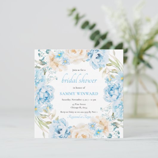 青と白の牡丹の花ブライダルシャワー 招待状 (スタンド正面)