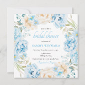 青と白の牡丹の花ブライダルシャワー 招待状 (正面)