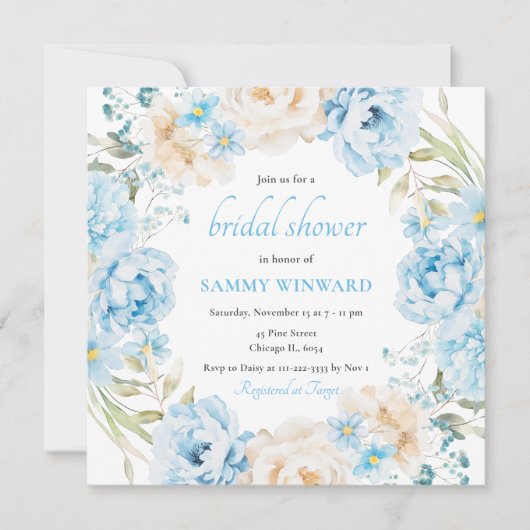 青と白の牡丹の花ブライダルシャワー 招待状 (正面)