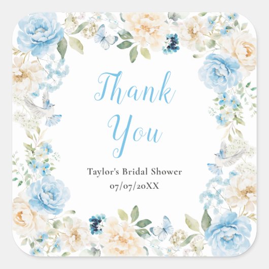 青と白の牡丹ブライダルシャワーありがとう スクエアシール (正面)