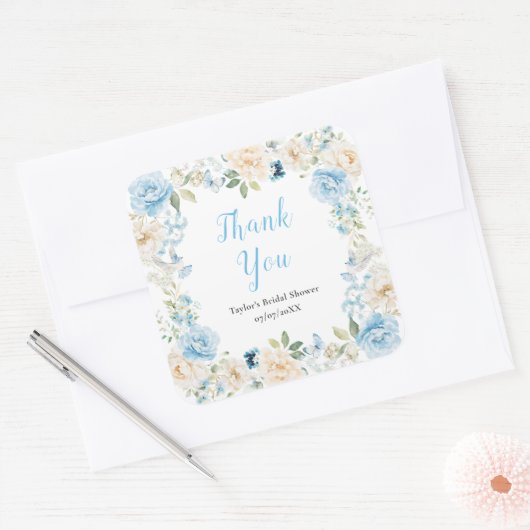 青と白の牡丹ブライダルシャワーありがとう スクエアシール (封筒)