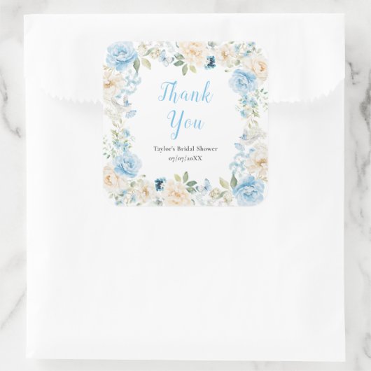 青と白の牡丹ブライダルシャワーありがとう スクエアシール (バッグ)