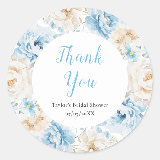 青と白の牡丹ブライダルシャワーありがとう ラウンドシール (正面)