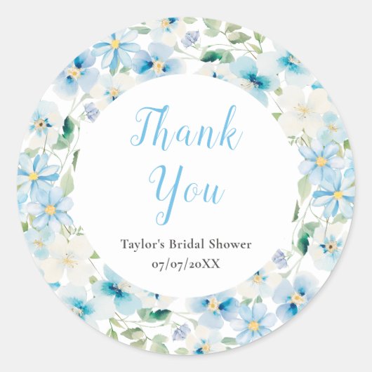 青と白の牡丹ブライダルシャワーありがとう ラウンドシール (正面)