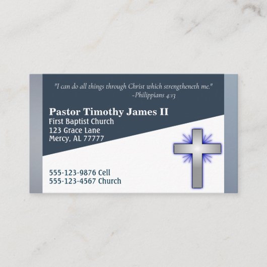 青と白の牧師またはディーコンのクロスビジネスカー 名刺 (正面)