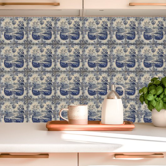 青と白の牧歌的な風景 タイル