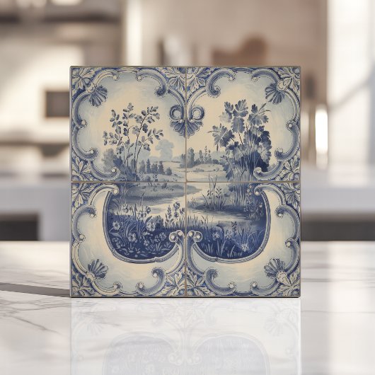 青と白の牧歌的な風景 タイル