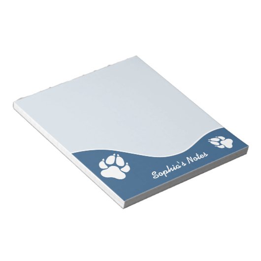 青と白の犬の手先プリントと文字カスタム付き ノートパッド (アングル)