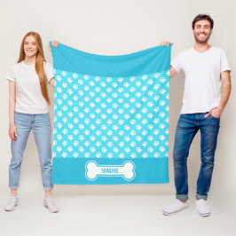 青と白の犬の足と名前の骨 フリースブランケット